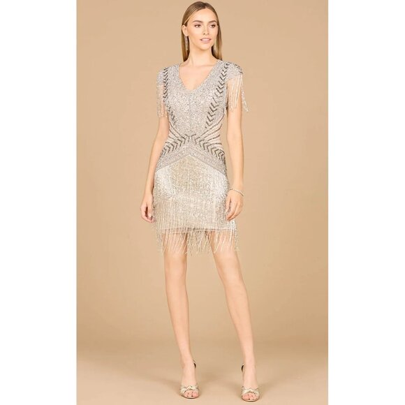 NWT Lara Silver Fringe Beaded Mini Cocktail Dress Short Sleeve V-Neck Size 2 - Picture 2 of 11